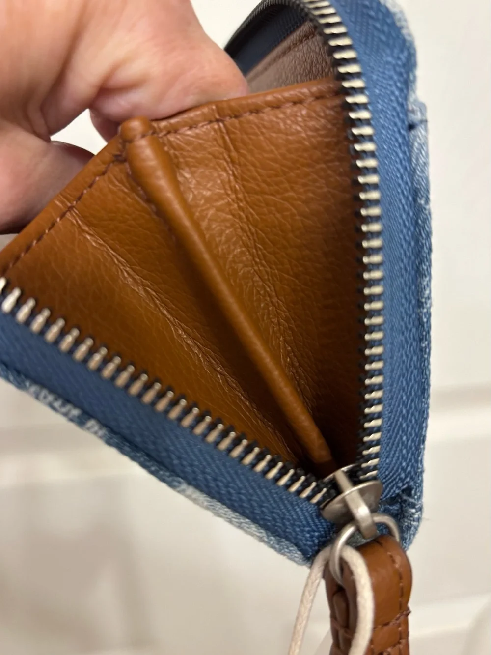 Lucky Brand Blue Floral Denim Wristlet Wallet with Brown Strap